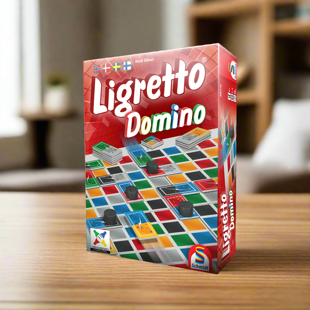 Ligretto Domino spilleske med motiv av fargerikt rutete brett, spillbrikker og kort